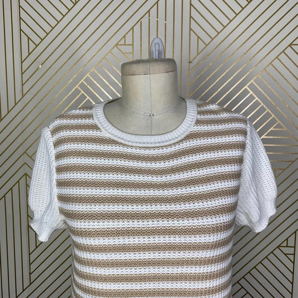 St. John Sport Striped Short Sleeve Knit Sweater in White & Tan Size US XS - Picture 2 of 12